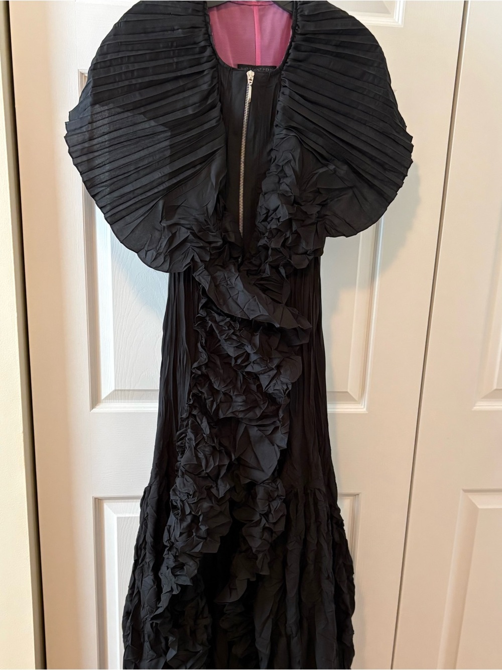 Marie Saint Pierre - Black Ruffled evening gown with fun collar and pink accents